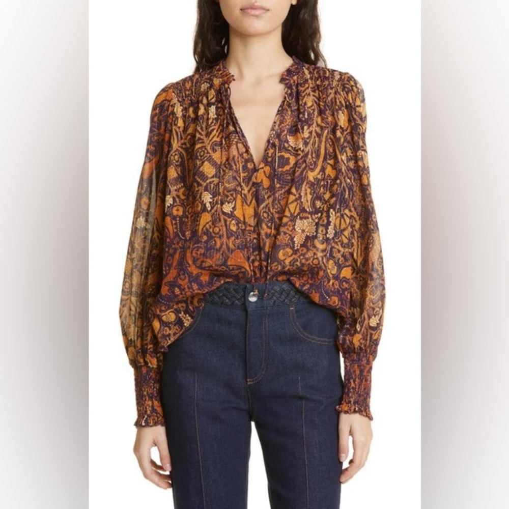 Ulla Johnson Ida Smocked Metallic Blouse — Celestial Print (Size 4)